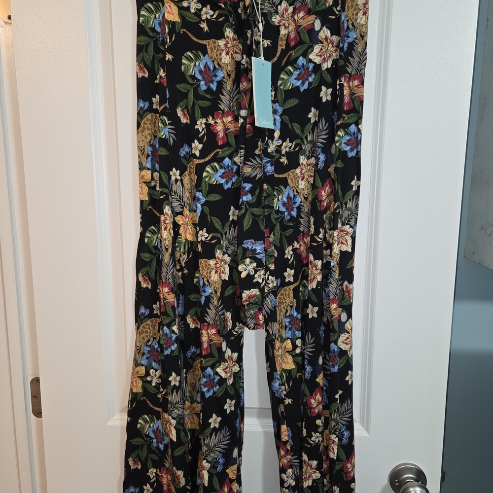 Shore Black Tropical Floral Split Wide-Leg Pants